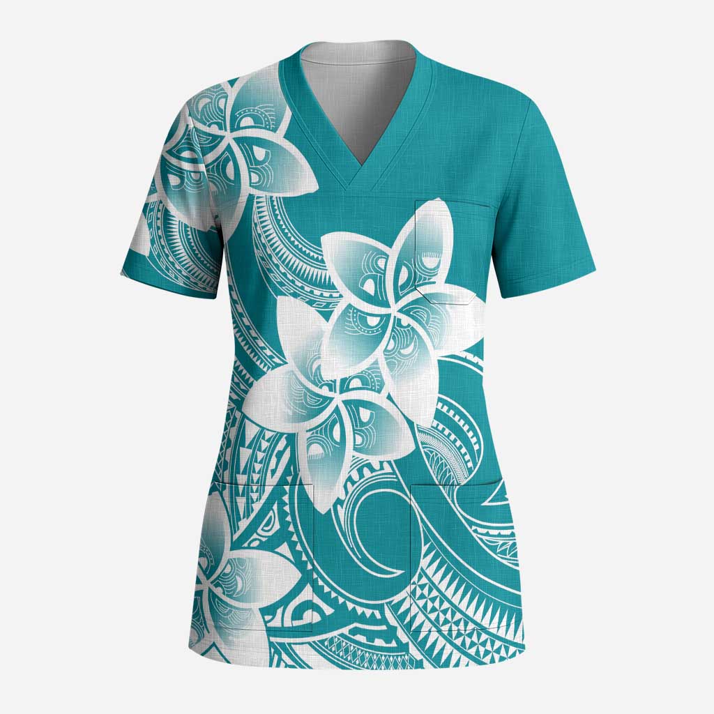 Polynesian Plumeria Flowers Tribal Scrub Top Pacific Tattoo Teal Style - Polynesian Pride