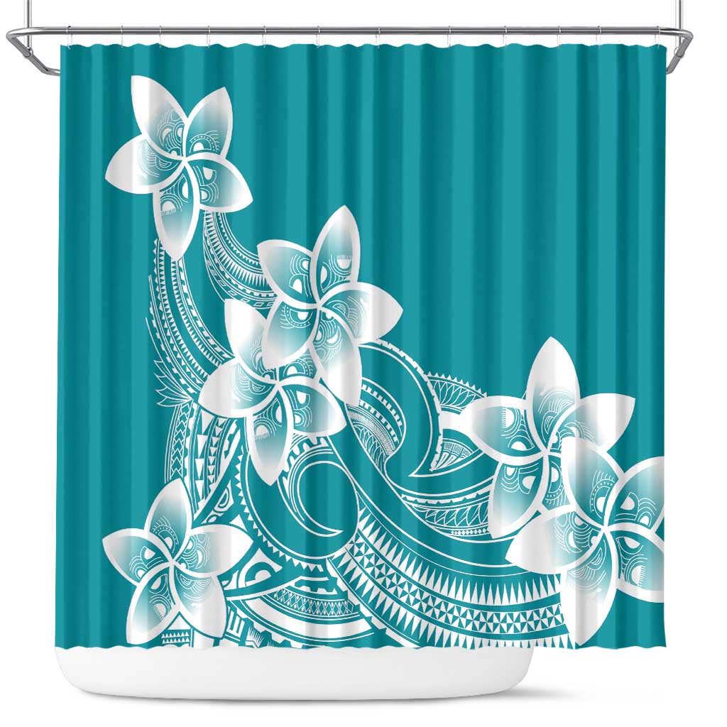 Polynesian Plumeria Flowers Tribal Shower Curtain Pacific Tattoo Teal Style - Polynesian Pride