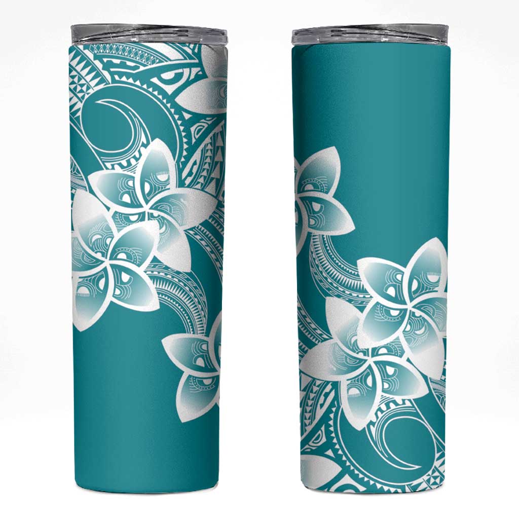 Polynesian Plumeria Flowers Tribal Skinny Tumbler Pacific Tattoo Teal Style - Polynesian Pride