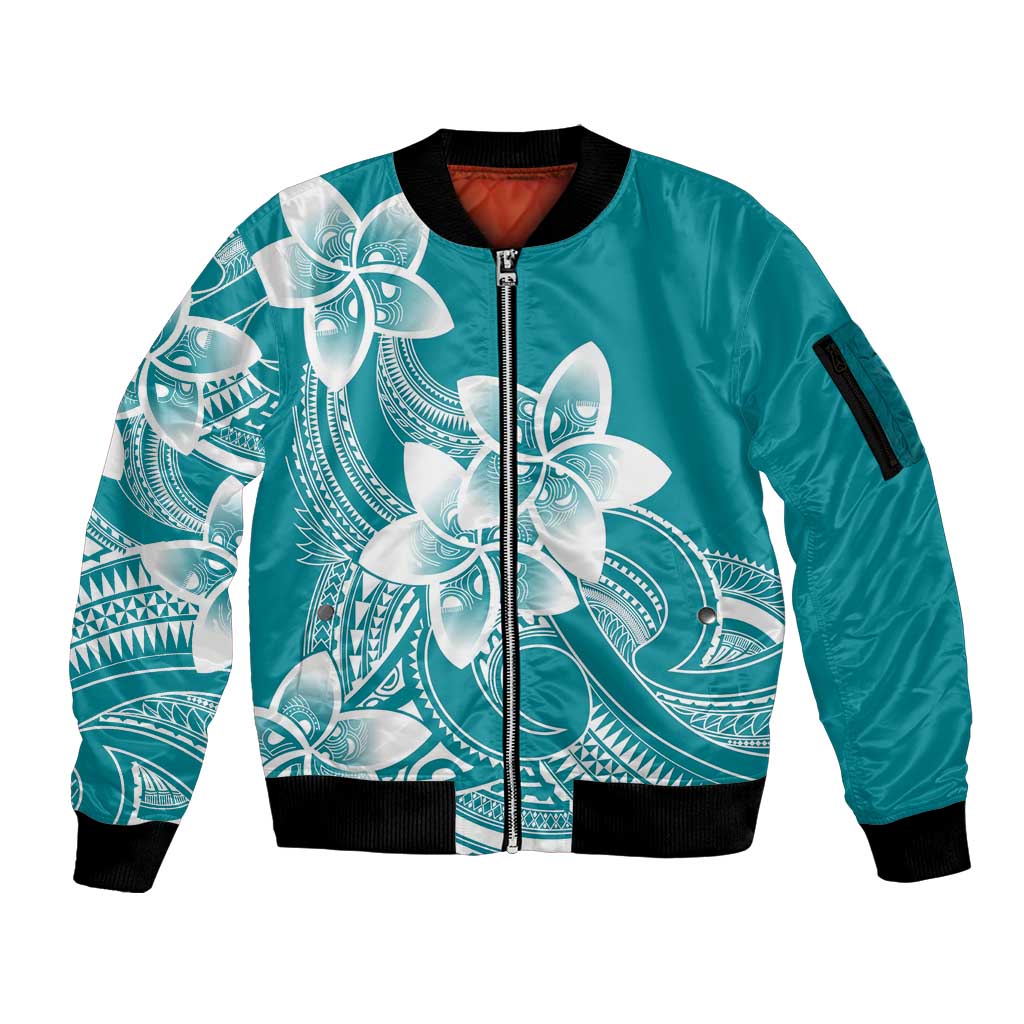 Polynesian Plumeria Flowers Tribal Sleeve Zip Bomber Jacket Pacific Tattoo Teal Style - Polynesian Pride