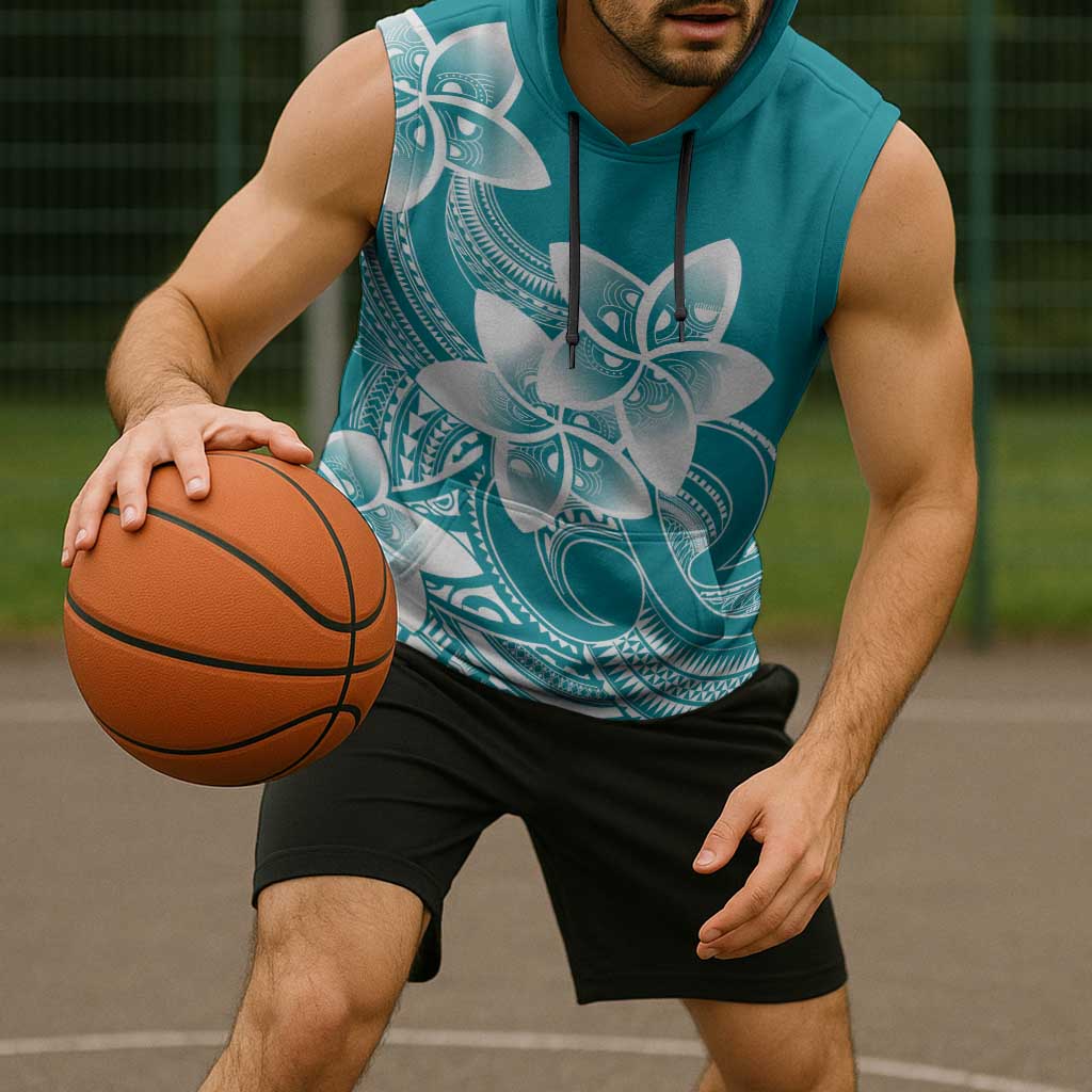 Polynesian Plumeria Flowers Tribal Sleeveless Hoodie Pacific Tattoo Teal Style LT9 - Polynesian Pride