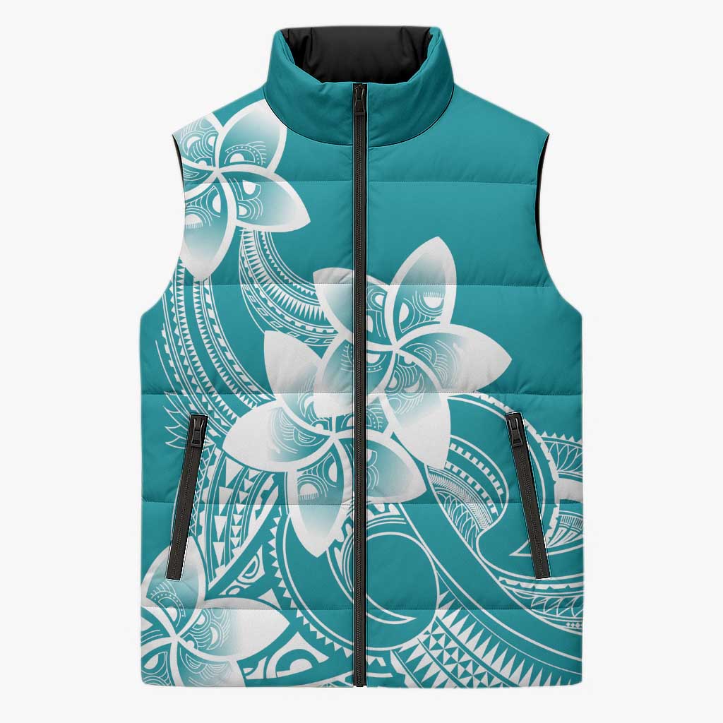 Polynesian Plumeria Flowers Tribal Sleeveless Puffer Jacket Pacific Tattoo Teal Style LT9 Unisex Teal - Polynesian Pride
