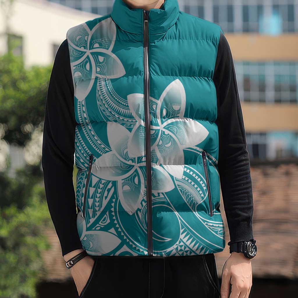 Polynesian Plumeria Flowers Tribal Sleeveless Puffer Jacket Pacific Tattoo Teal Style LT9 - Polynesian Pride