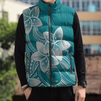 Polynesian Plumeria Flowers Tribal Sleeveless Puffer Jacket Pacific Tattoo Teal Style LT9 - Polynesian Pride