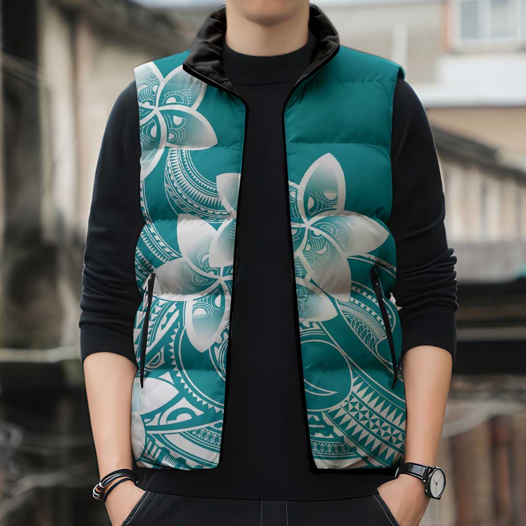 Polynesian Plumeria Flowers Tribal Sleeveless Puffer Jacket Pacific Tattoo Teal Style LT9 - Polynesian Pride