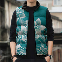 Polynesian Plumeria Flowers Tribal Sleeveless Puffer Jacket Pacific Tattoo Teal Style LT9 - Polynesian Pride