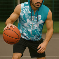 Polynesian Plumeria Flowers Tribal Sleeveless Zip Hoodie Pacific Tattoo Teal Style - Polynesian Pride
