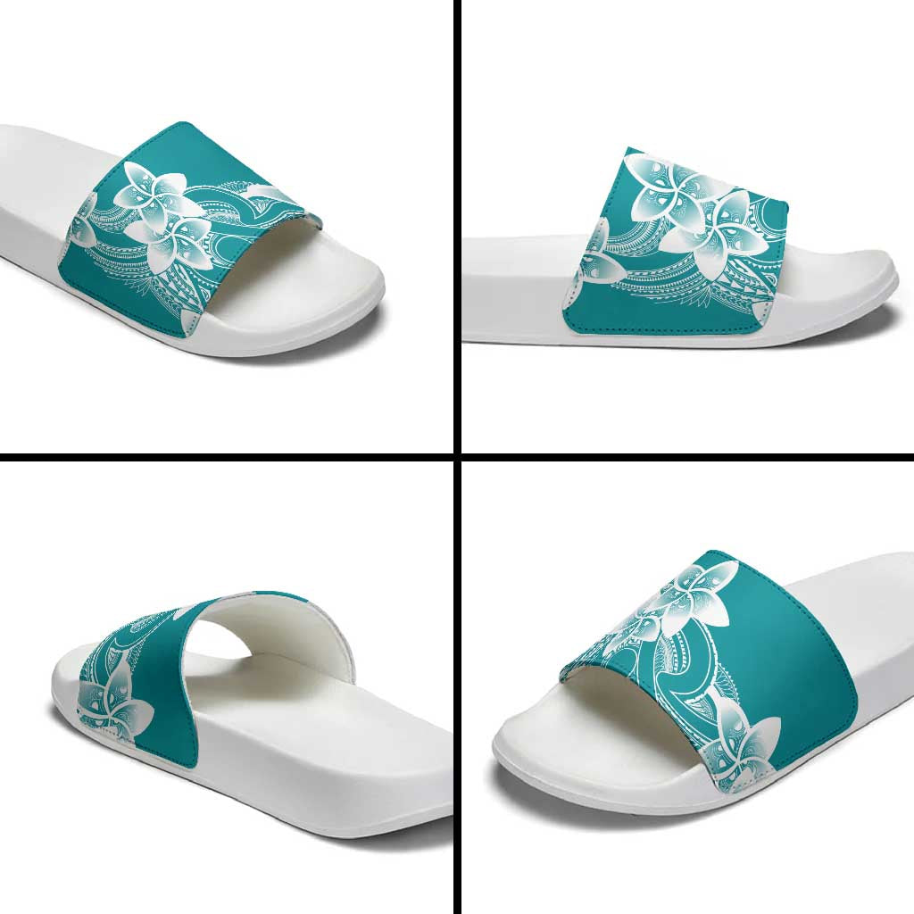 Polynesian Plumeria Flowers Tribal Slide Sandals Pacific Tattoo Teal Style LT9 - Polynesian Pride