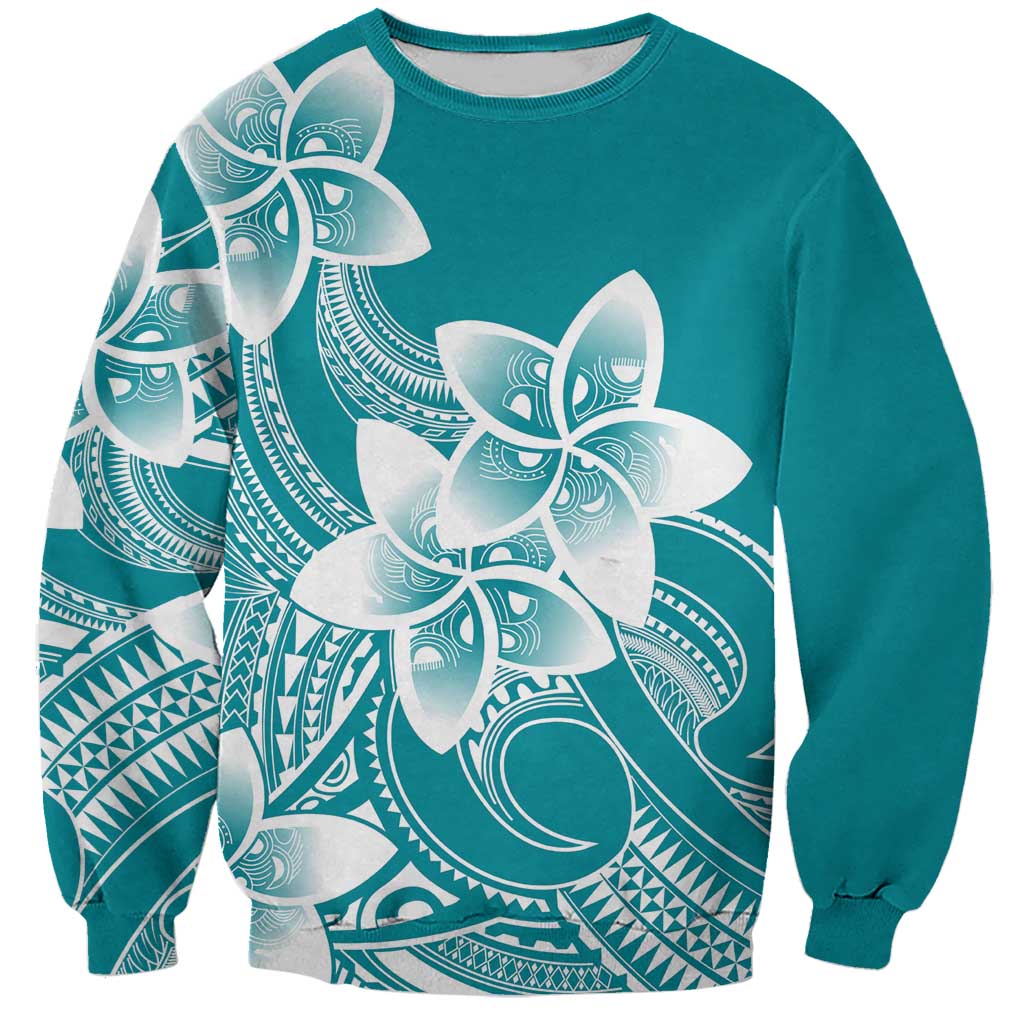 Polynesian Plumeria Flowers Tribal Sweatshirt Pacific Tattoo Teal Style LT9 Unisex Teal - Polynesian Pride