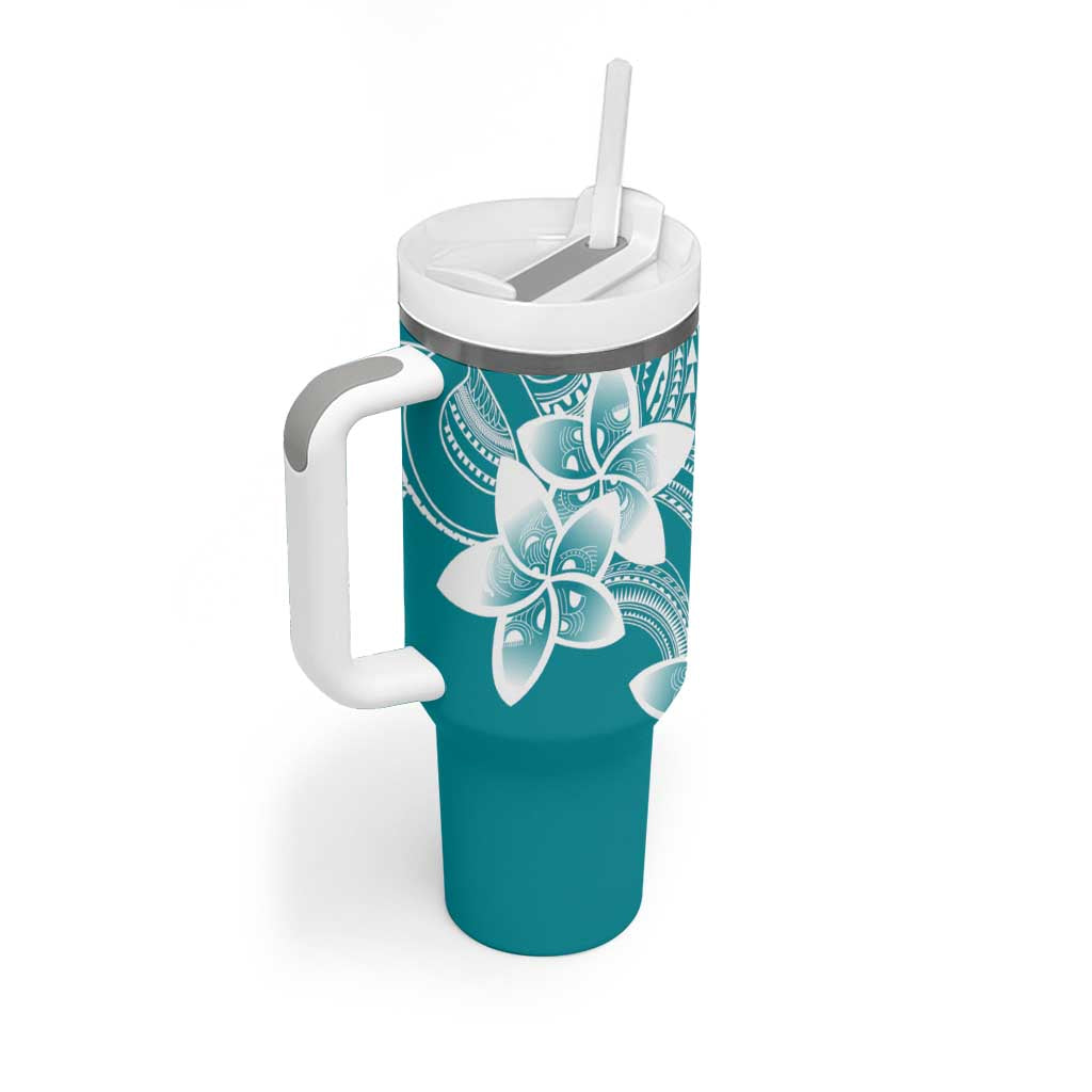 Polynesian Plumeria Flowers Tribal Tumbler With Handle Pacific Tattoo Teal Style - Polynesian Pride