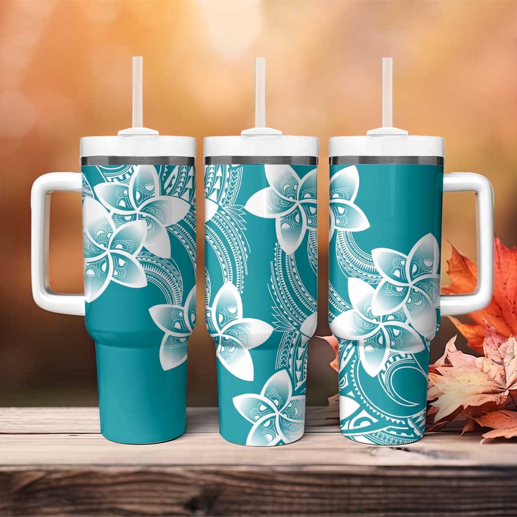 Polynesian Plumeria Flowers Tribal Tumbler With Handle Pacific Tattoo Teal Style - Polynesian Pride