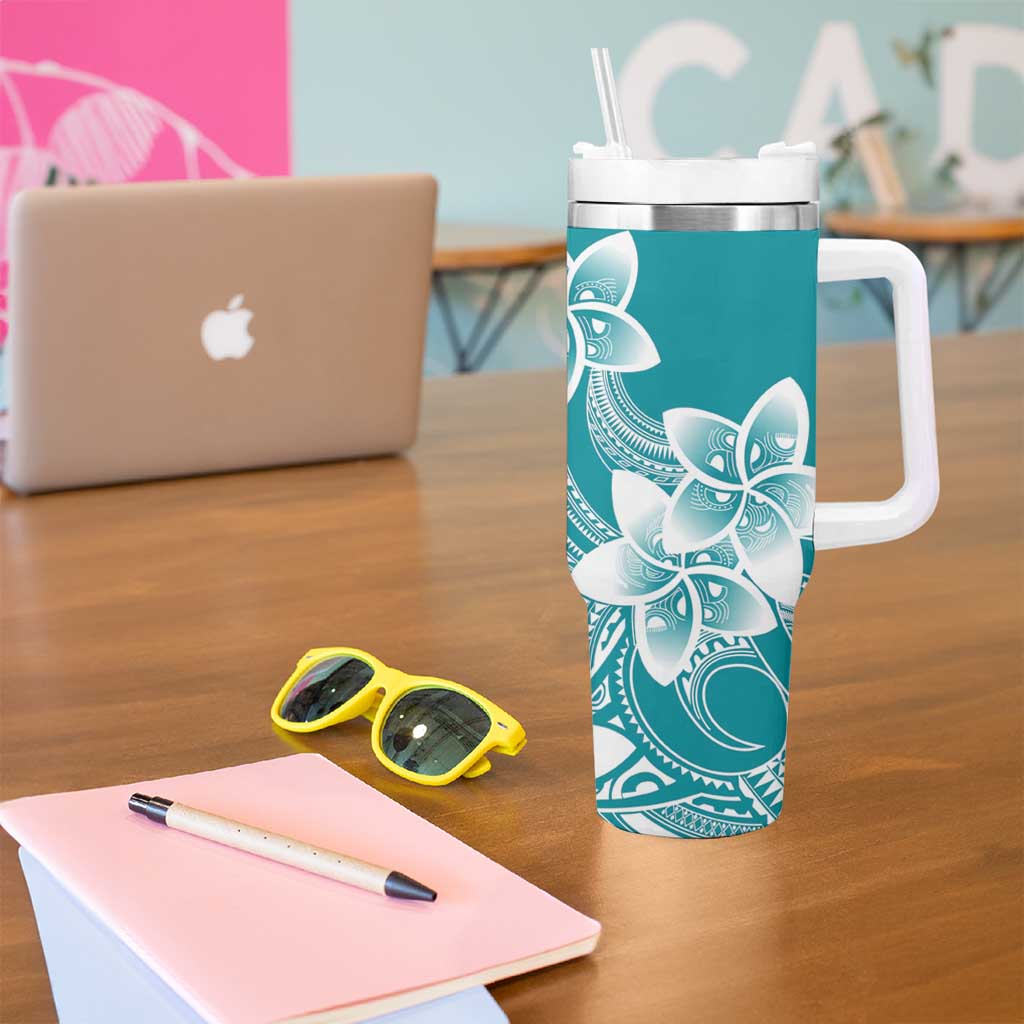 Polynesian Plumeria Flowers Tribal Tumbler With Handle Pacific Tattoo Teal Style - Polynesian Pride
