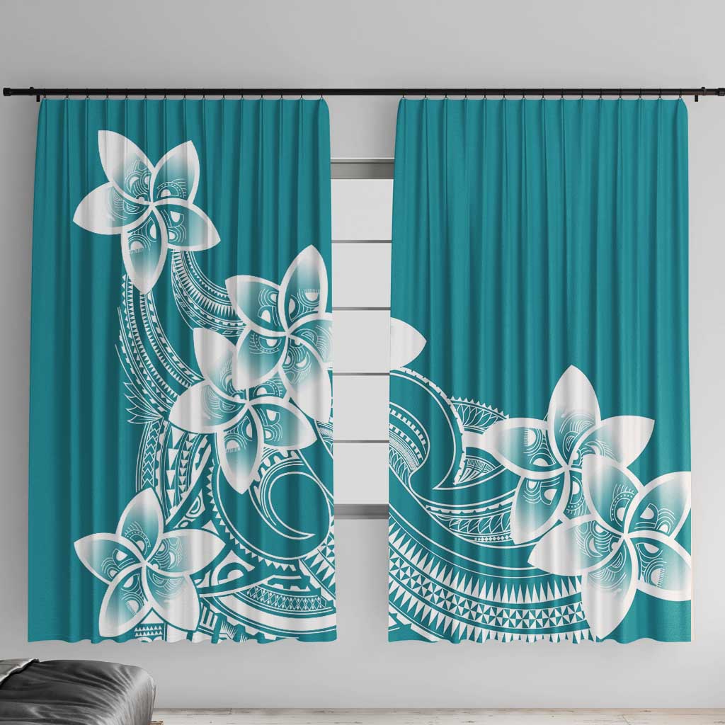 Polynesian Plumeria Flowers Tribal Window Curtain Pacific Tattoo Teal Style - Polynesian Pride