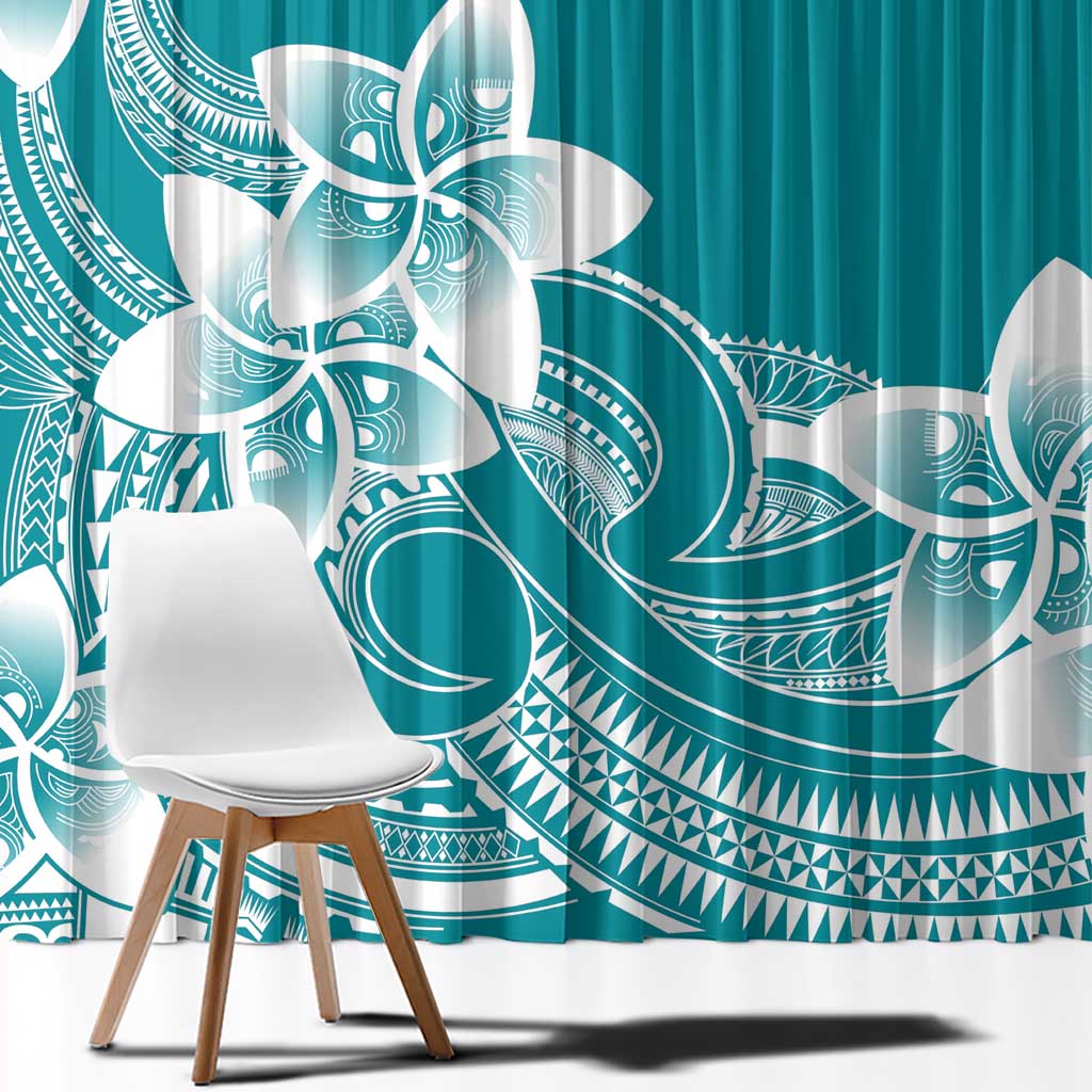 Polynesian Plumeria Flowers Tribal Window Curtain Pacific Tattoo Teal Style - Polynesian Pride