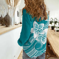 Polynesian Plumeria Flowers Tribal Women Casual Shirt Pacific Tattoo Teal Style - Polynesian Pride