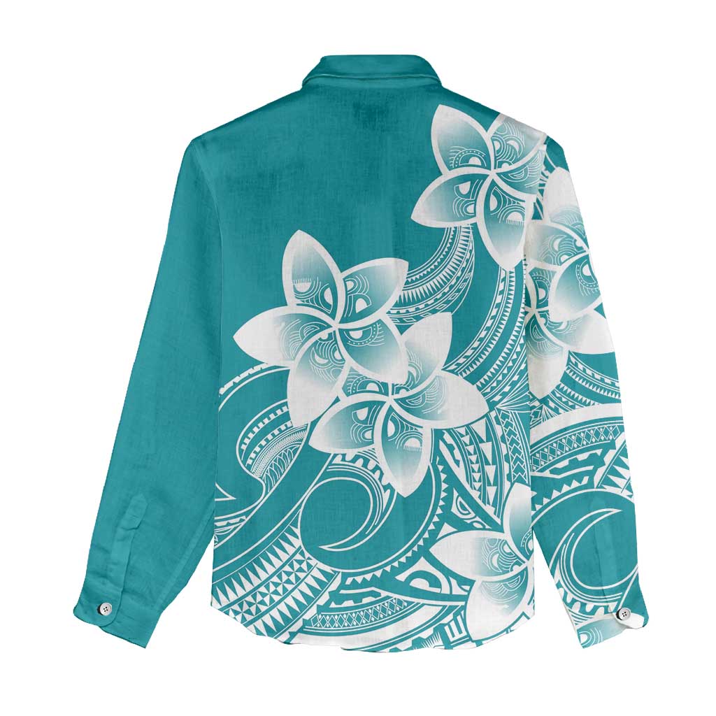 Polynesian Plumeria Flowers Tribal Women Casual Shirt Pacific Tattoo Teal Style - Polynesian Pride