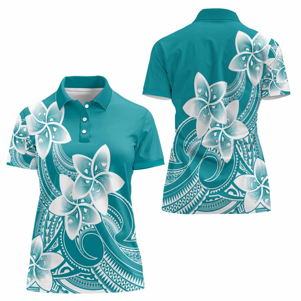 Polynesian Plumeria Flowers Tribal Women Polo Shirt Pacific Tattoo Teal Style - Polynesian Pride