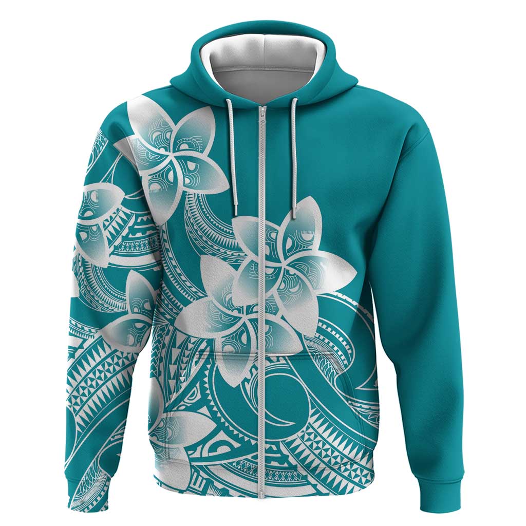 Polynesian Plumeria Flowers Tribal Zip Hoodie Pacific Tattoo Teal Style - Polynesian Pride