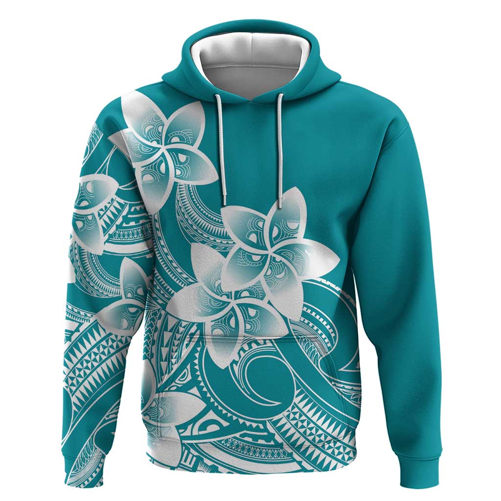 Polynesian Plumeria Flowers Tribal Zip Hoodie Pacific Tattoo Teal Style - Polynesian Pride