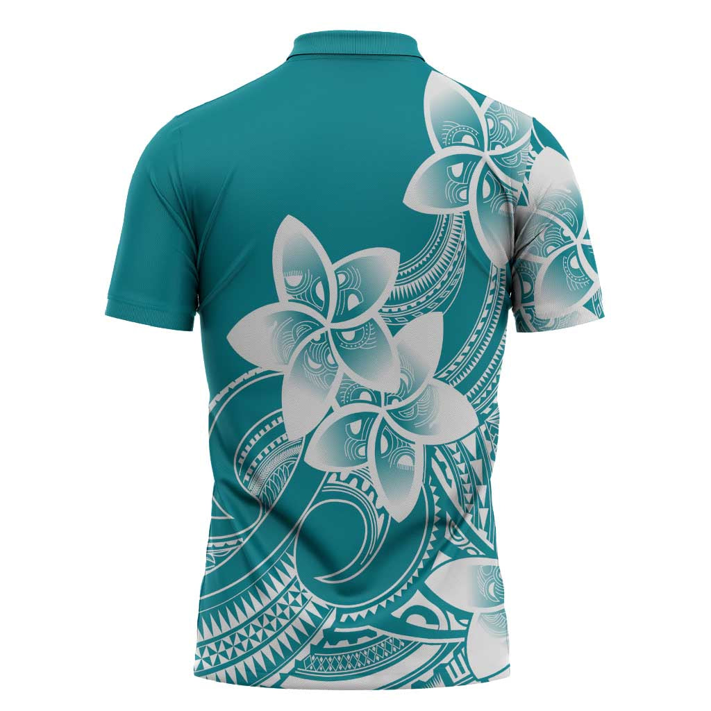Polynesian Plumeria Flowers Tribal Zipper Polo Shirt Pacific Tattoo Teal Style LT9 - Polynesian Pride