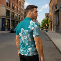 Polynesian Plumeria Flowers Tribal Zipper Polo Shirt Pacific Tattoo Teal Style LT9 - Polynesian Pride