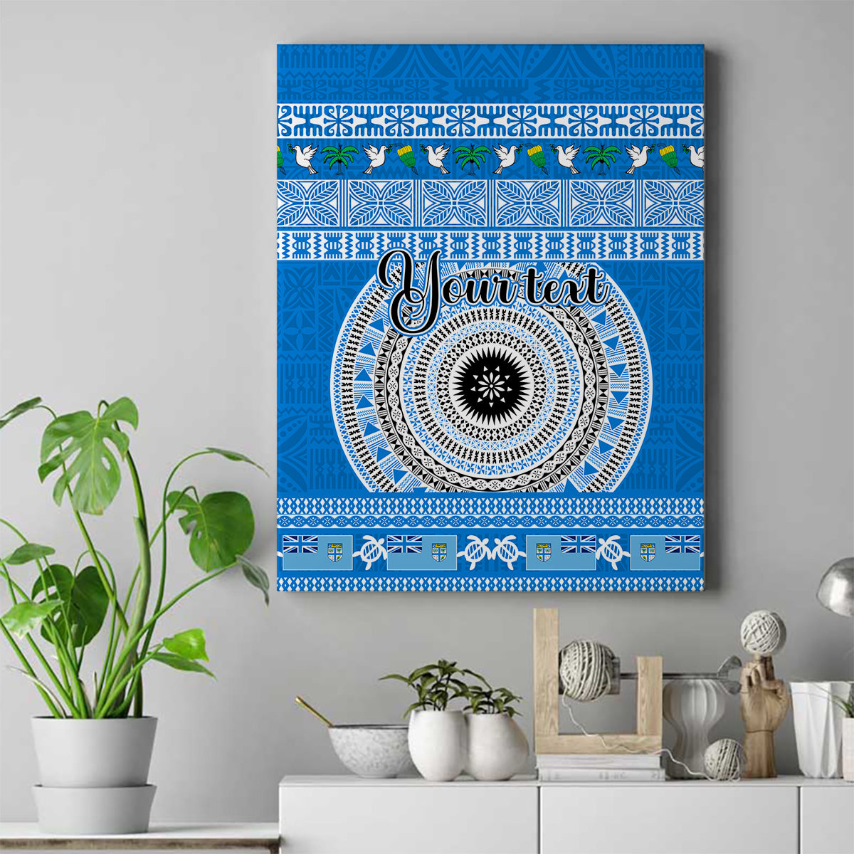 Personalised Fiji Marau Na Kerisimasi Canvas Wall Art Merry Christmas Tapa Pattern Blue Style LT9 Red - Polynesian Pride