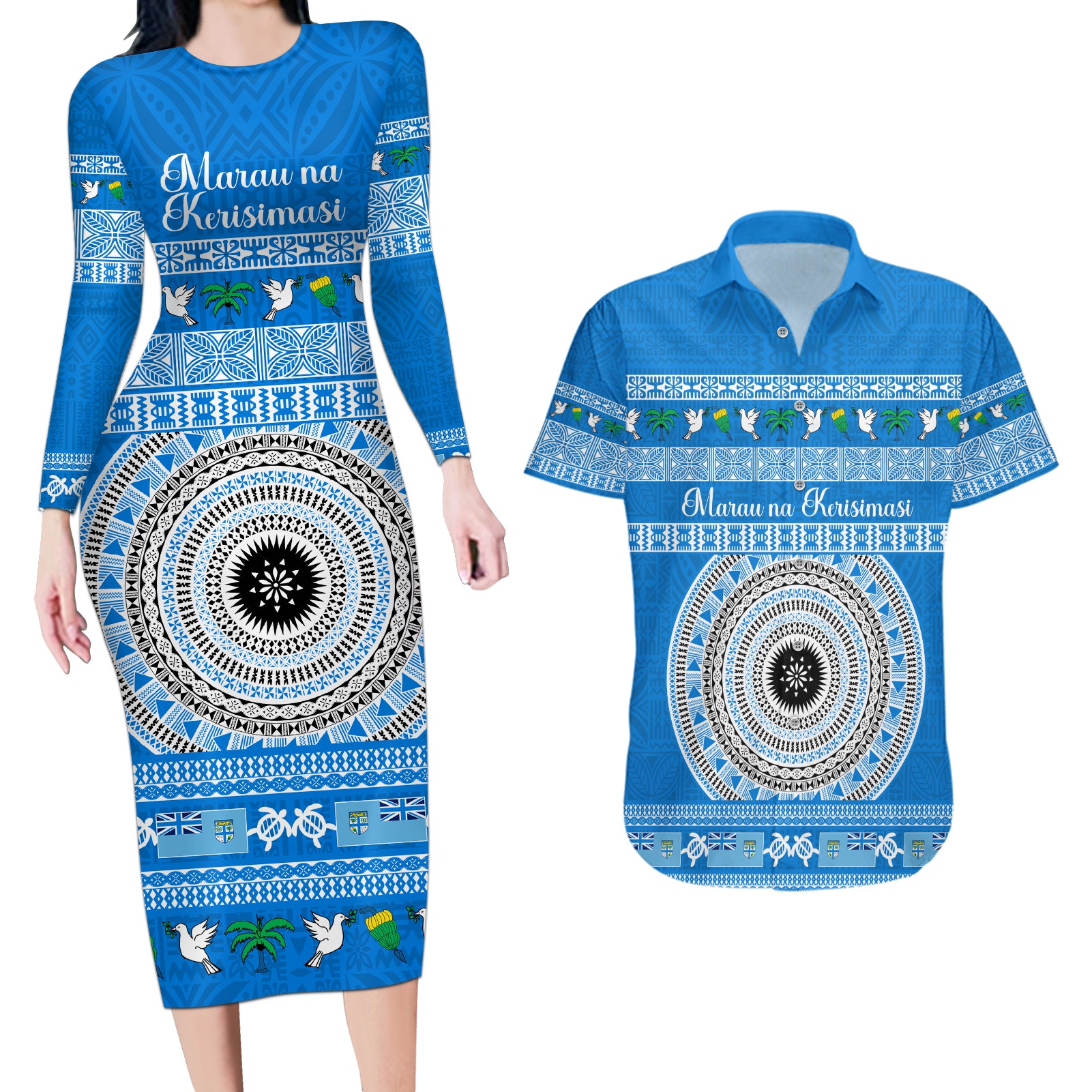 Personalised Fiji Marau Na Kerisimasi Couples Matching Long Sleeve Bodycon Dress and Hawaiian Shirt Merry Christmas Tapa Pattern Blue Style LT9 Red - Polynesian Pride