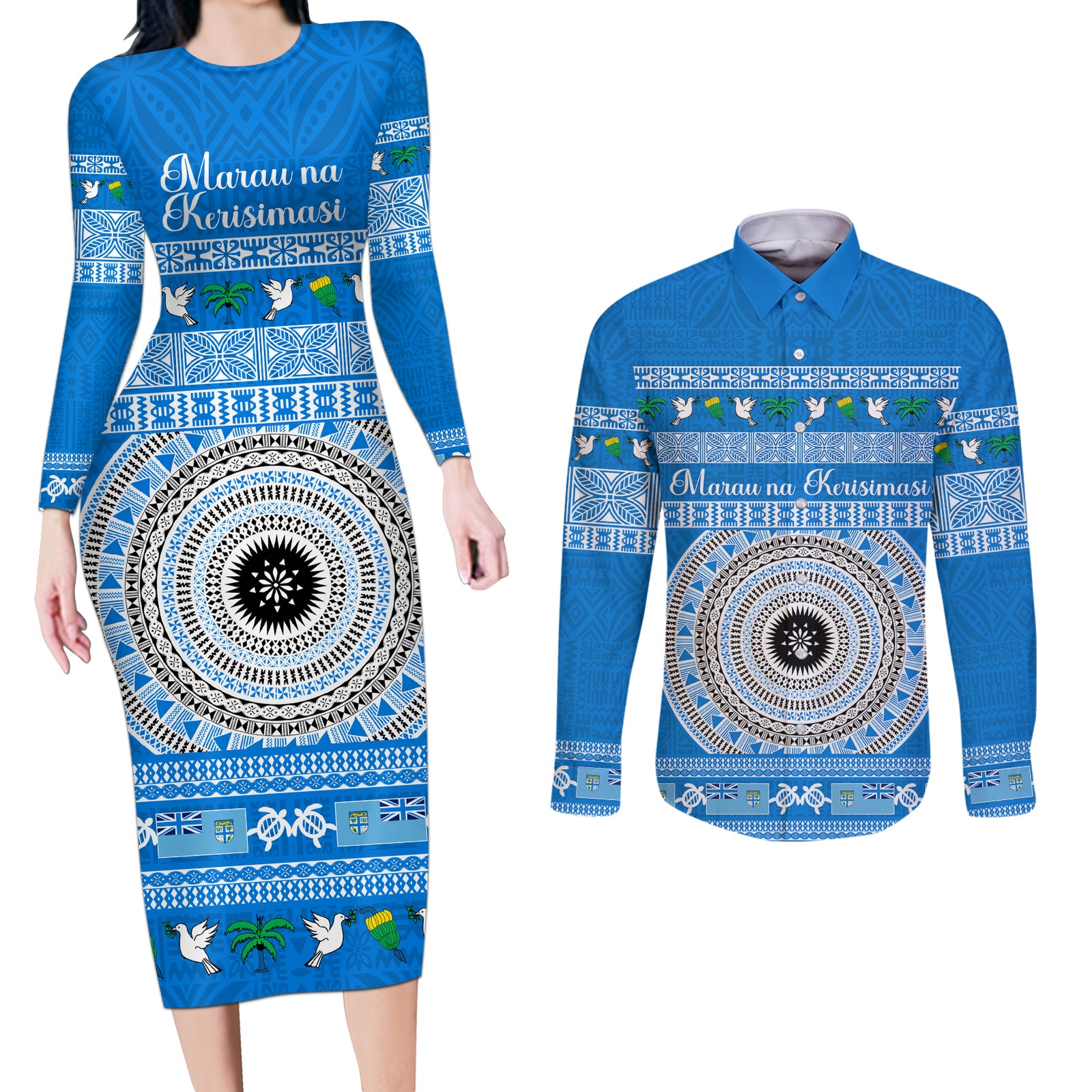 Personalised Fiji Marau Na Kerisimasi Couples Matching Long Sleeve Bodycon Dress and Long Sleeve Button Shirt Merry Christmas Tapa Pattern Blue Style LT9 Red - Polynesian Pride