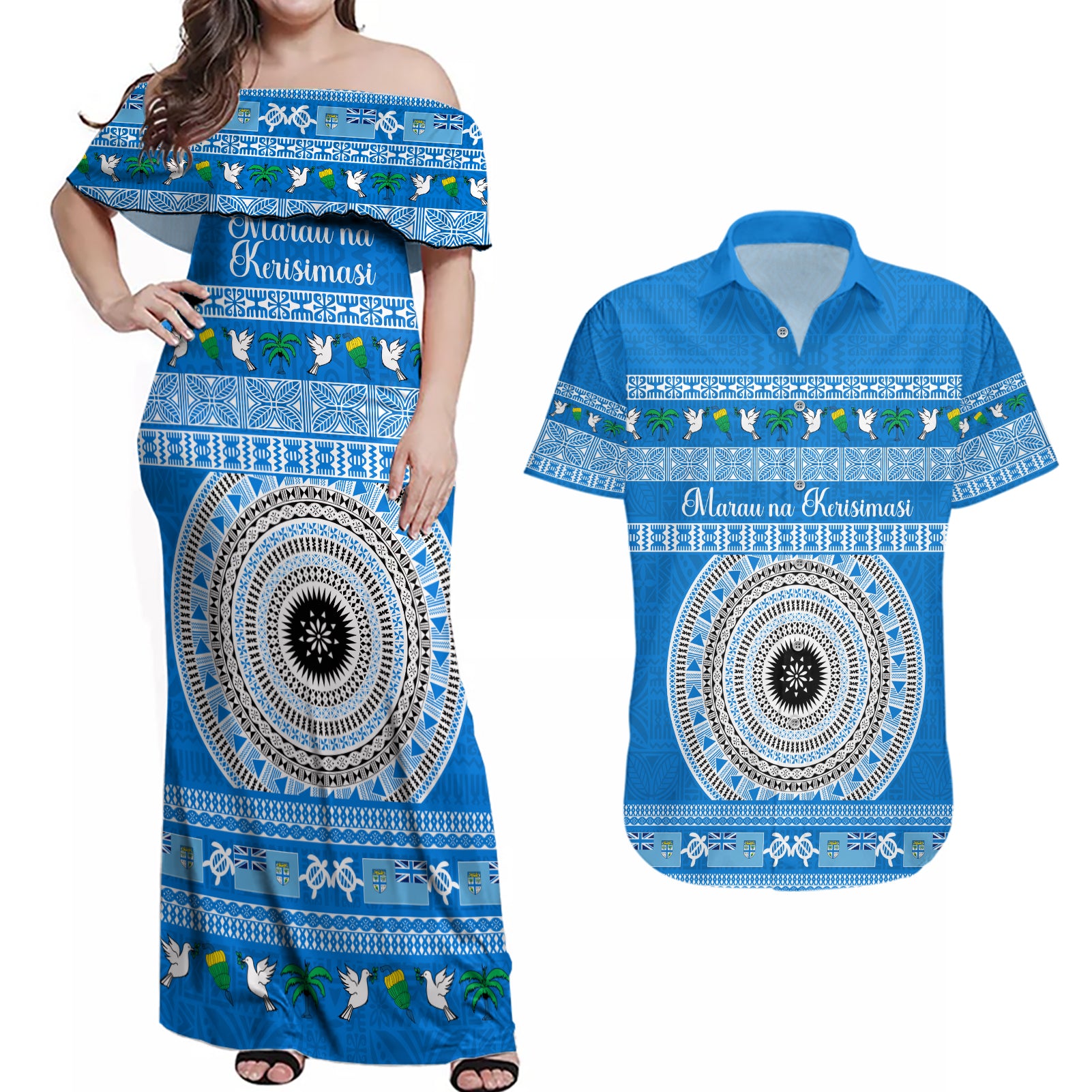 Personalised Fiji Marau Na Kerisimasi Couples Matching Off Shoulder Maxi Dress and Hawaiian Shirt Merry Christmas Tapa Pattern Blue Style LT9 Red - Polynesian Pride