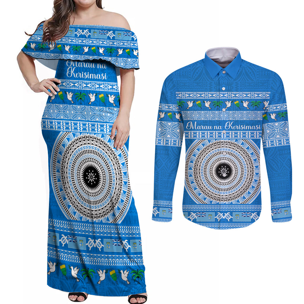 Personalised Fiji Marau Na Kerisimasi Couples Matching Off Shoulder Maxi Dress and Long Sleeve Button Shirt Merry Christmas Tapa Pattern Blue Style LT9 Red - Polynesian Pride