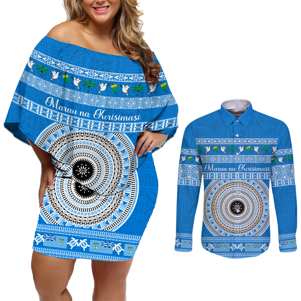 Personalised Fiji Marau Na Kerisimasi Couples Matching Off Shoulder Short Dress and Long Sleeve Button Shirt Merry Christmas Tapa Pattern Blue Style LT9 Red - Polynesian Pride