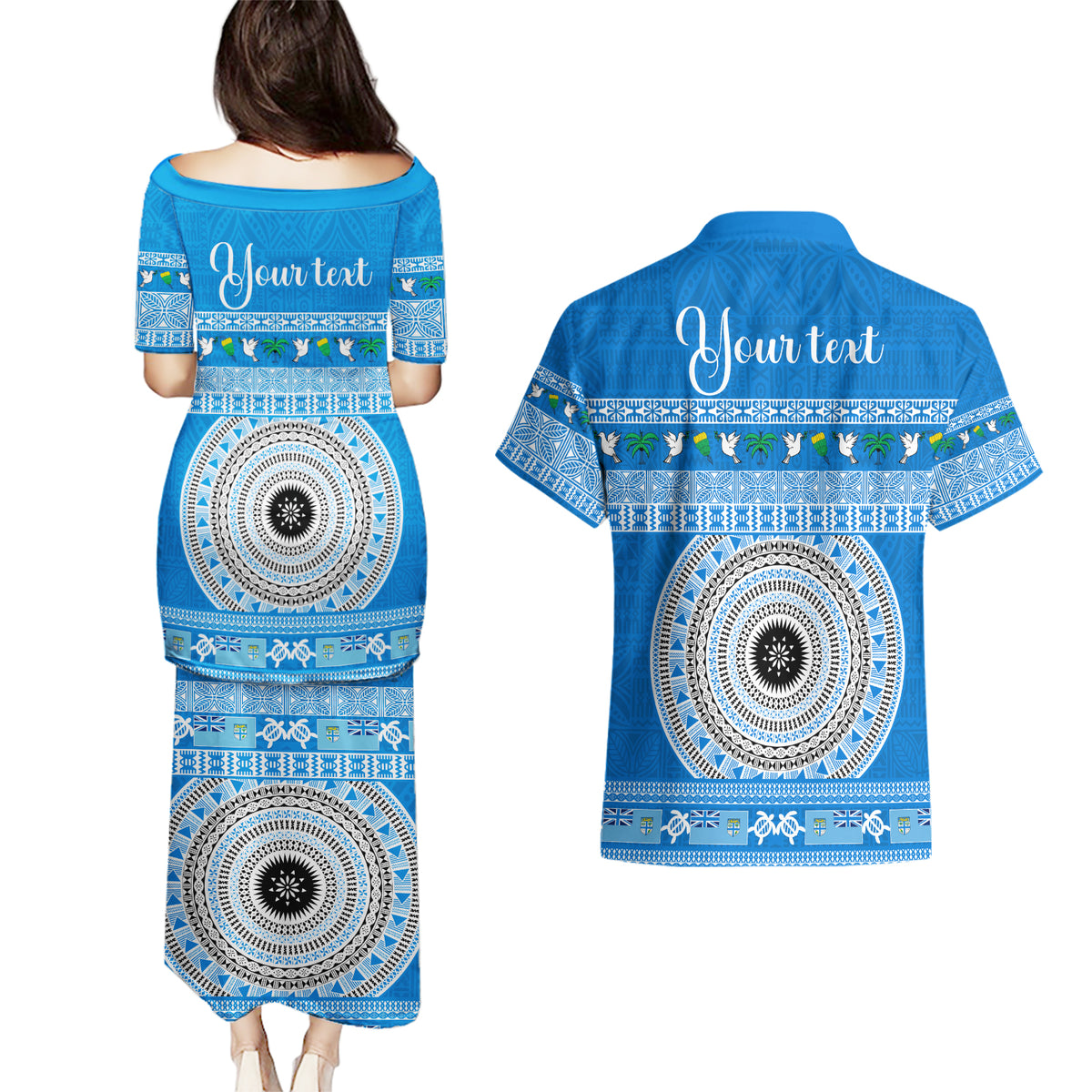 Personalised Fiji Marau Na Kerisimasi Couples Matching Puletasi Dress and Hawaiian Shirt Merry Christmas Tapa Pattern Blue Style LT9 - Polynesian Pride