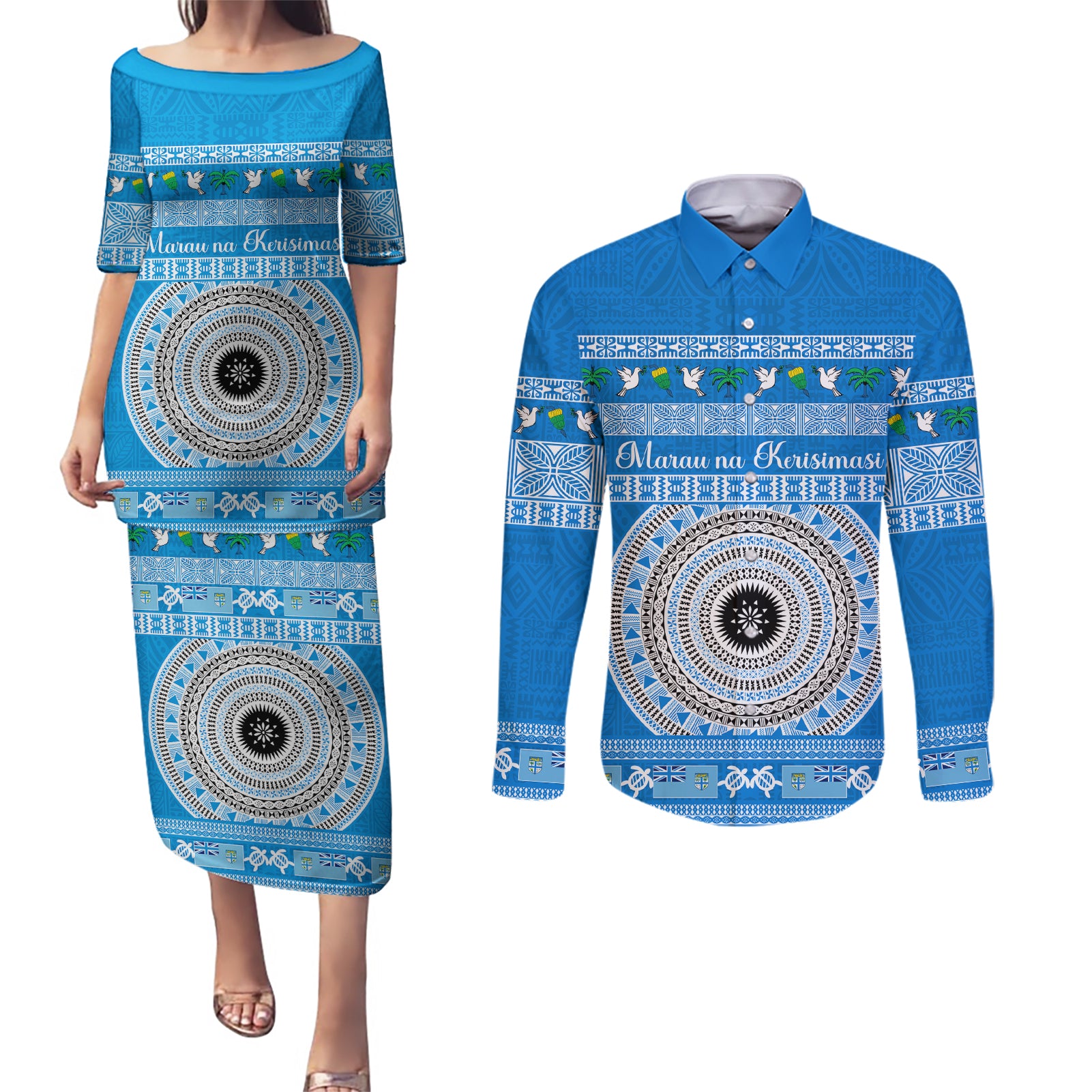 Personalised Fiji Marau Na Kerisimasi Couples Matching Puletasi Dress and Long Sleeve Button Shirt Merry Christmas Tapa Pattern Blue Style LT9 Red - Polynesian Pride