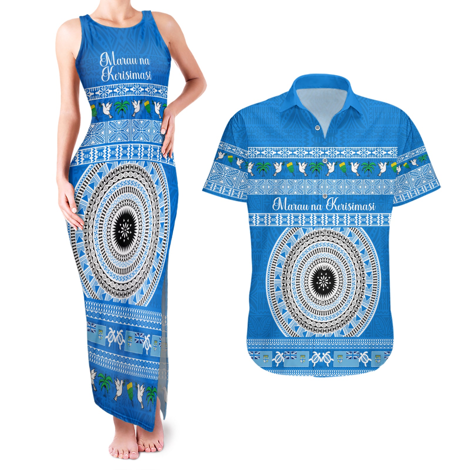 Personalised Fiji Marau Na Kerisimasi Couples Matching Tank Maxi Dress and Hawaiian Shirt Merry Christmas Tapa Pattern Blue Style LT9 Red - Polynesian Pride