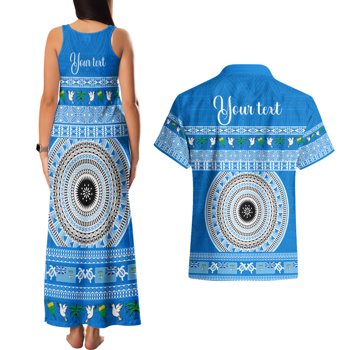 Personalised Fiji Marau Na Kerisimasi Couples Matching Tank Maxi Dress and Hawaiian Shirt Merry Christmas Tapa Pattern Blue Style LT9 - Polynesian Pride