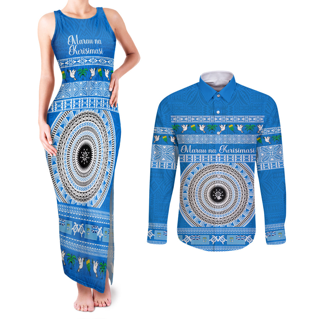 Personalised Fiji Marau Na Kerisimasi Couples Matching Tank Maxi Dress and Long Sleeve Button Shirt Merry Christmas Tapa Pattern Blue Style LT9 Red - Polynesian Pride