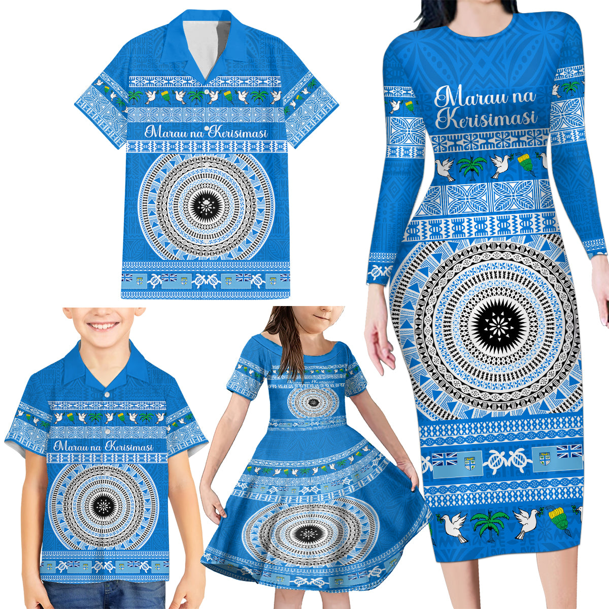 Personalised Fiji Marau Na Kerisimasi Family Matching Long Sleeve Bodycon Dress and Hawaiian Shirt Merry Christmas Tapa Pattern Blue Style LT9 - Polynesian Pride