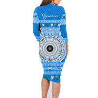 Personalised Fiji Marau Na Kerisimasi Family Matching Long Sleeve Bodycon Dress and Hawaiian Shirt Merry Christmas Tapa Pattern Blue Style LT9 - Polynesian Pride