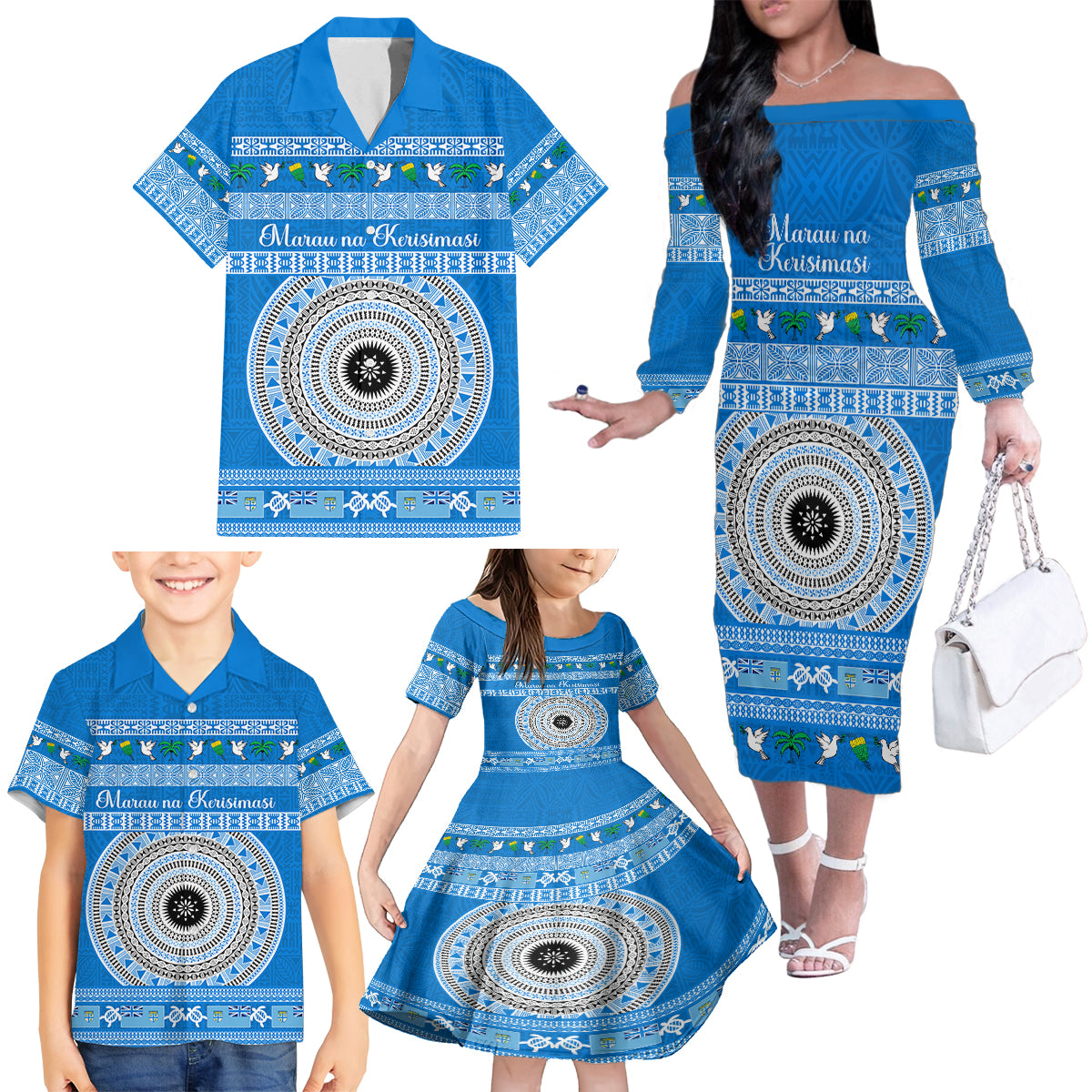 Personalised Fiji Marau Na Kerisimasi Family Matching Off Shoulder Long Sleeve Dress and Hawaiian Shirt Merry Christmas Tapa Pattern Blue Style LT9 - Polynesian Pride