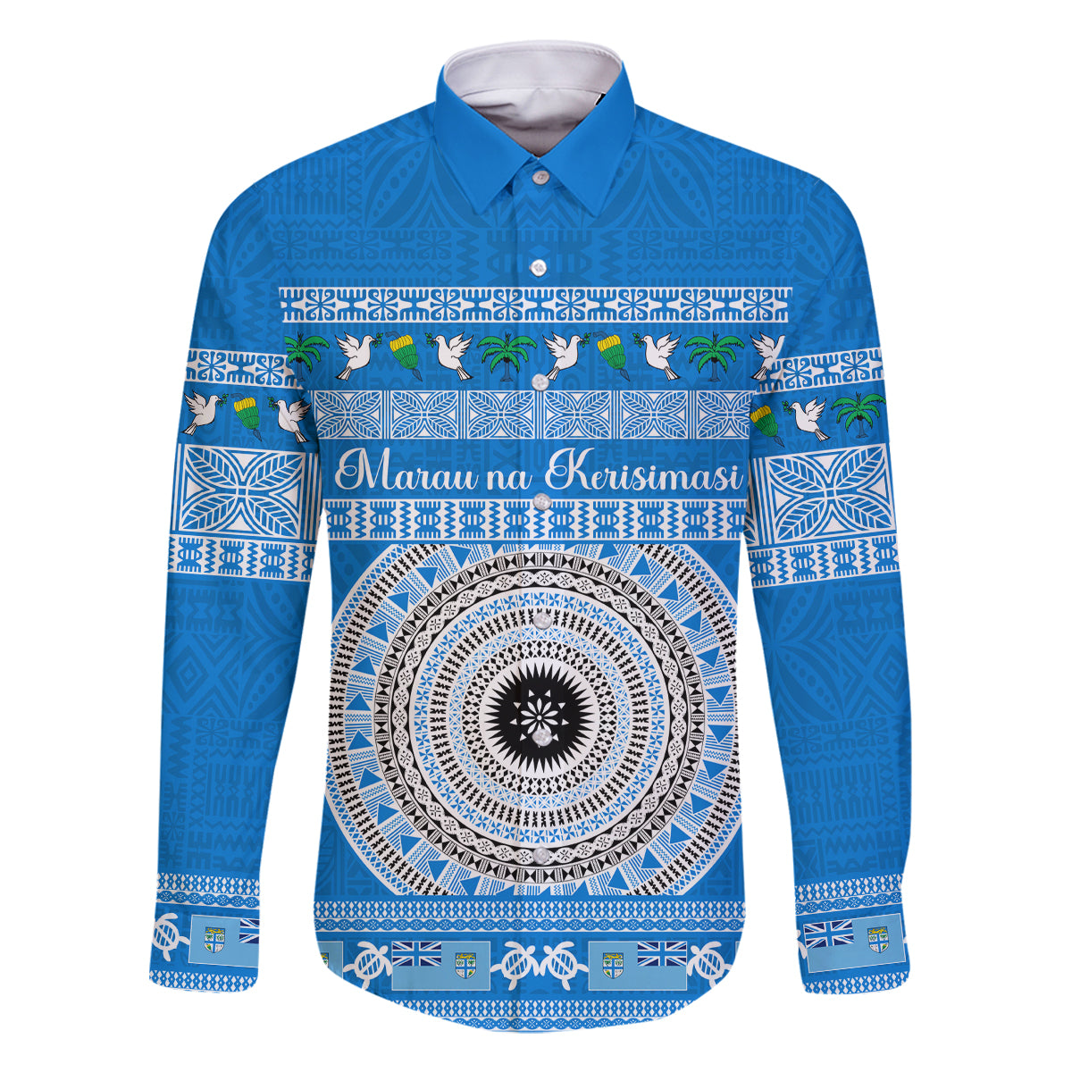 Personalised Fiji Marau Na Kerisimasi Family Matching Off Shoulder Long Sleeve Dress and Hawaiian Shirt Merry Christmas Tapa Pattern Blue Style LT9 Dad's Shirt - Long Sleeve Red - Polynesian Pride