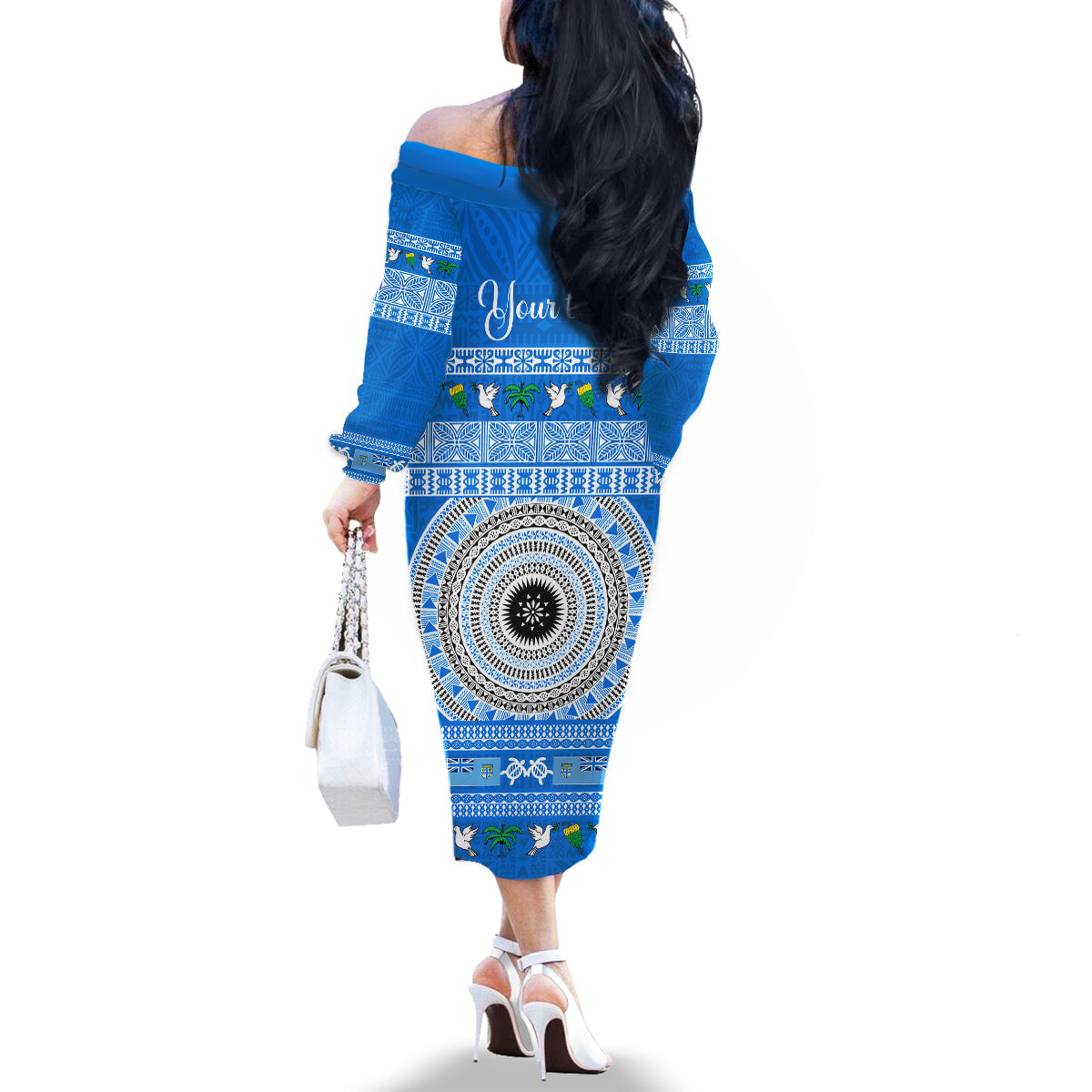 Personalised Fiji Marau Na Kerisimasi Family Matching Off Shoulder Long Sleeve Dress and Hawaiian Shirt Merry Christmas Tapa Pattern Blue Style LT9 - Polynesian Pride