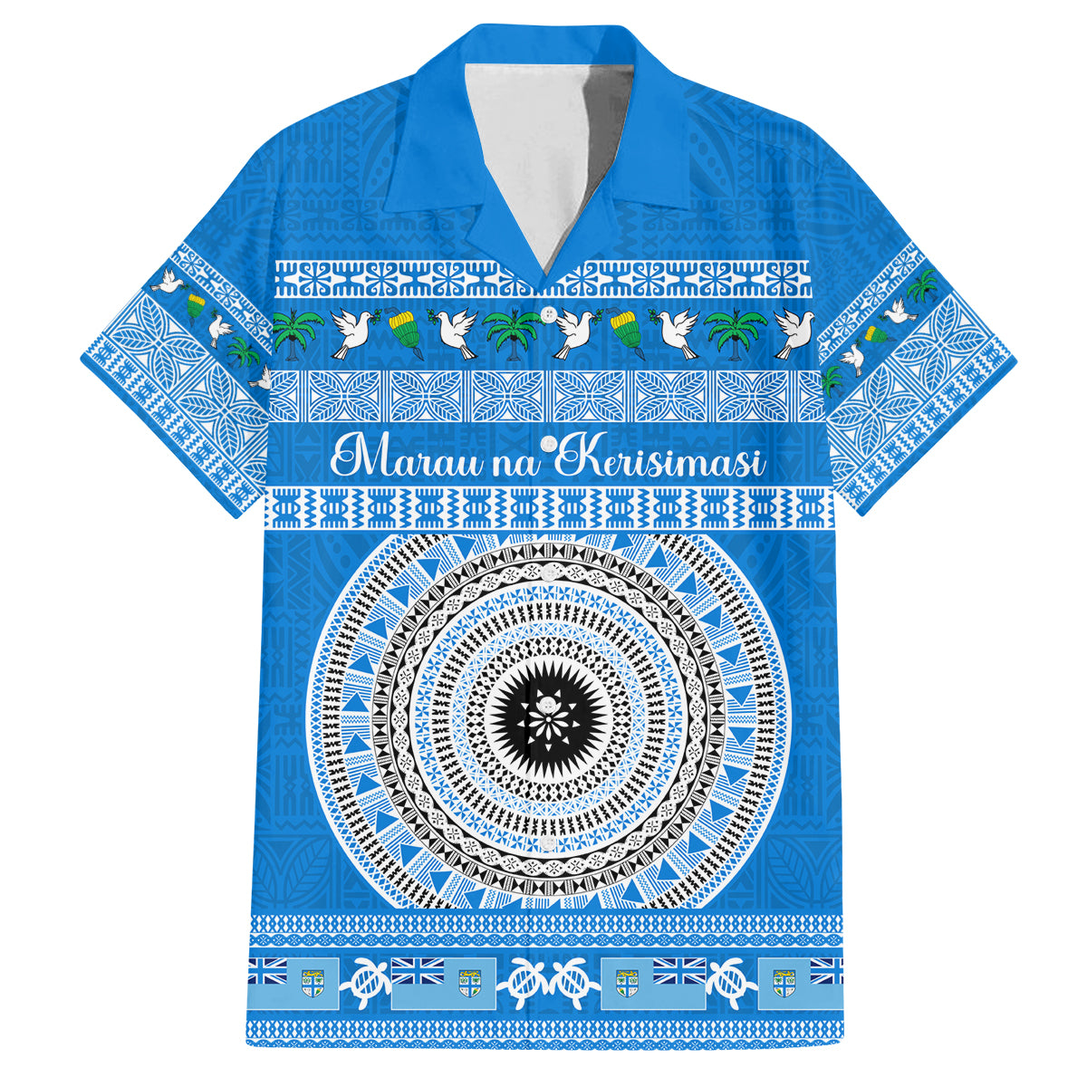 Personalised Fiji Marau Na Kerisimasi Family Matching Puletasi Dress and Hawaiian Shirt Merry Christmas Tapa Pattern Blue Style LT9 Dad's Shirt - Short Sleeve Red - Polynesian Pride