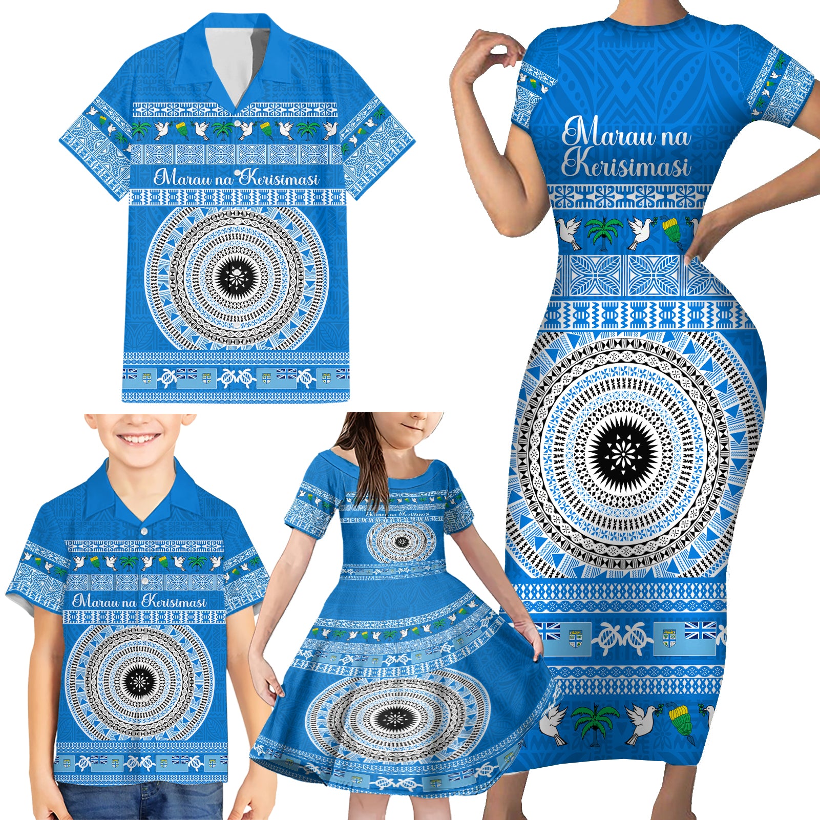 Personalised Fiji Marau Na Kerisimasi Family Matching Short Sleeve Bodycon Dress and Hawaiian Shirt Merry Christmas Tapa Pattern Blue Style LT9 - Polynesian Pride