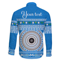 Personalised Fiji Marau Na Kerisimasi Family Matching Short Sleeve Bodycon Dress and Hawaiian Shirt Merry Christmas Tapa Pattern Blue Style LT9 - Polynesian Pride