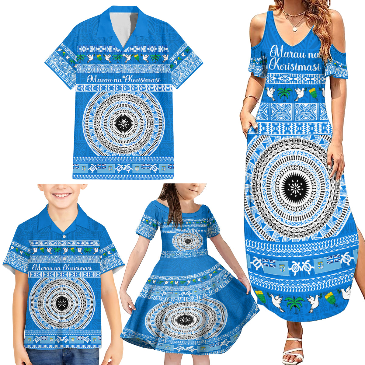 Personalised Fiji Marau Na Kerisimasi Family Matching Summer Maxi Dress and Hawaiian Shirt Merry Christmas Tapa Pattern Blue Style LT9 - Polynesian Pride