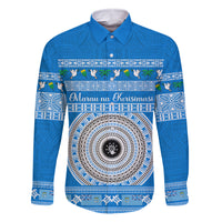 Personalised Fiji Marau Na Kerisimasi Family Matching Summer Maxi Dress and Hawaiian Shirt Merry Christmas Tapa Pattern Blue Style LT9 Dad's Shirt - Long Sleeve Red - Polynesian Pride