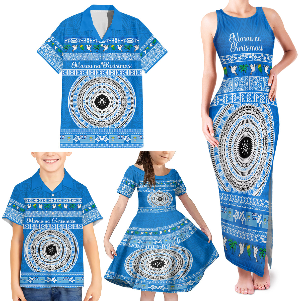 Personalised Fiji Marau Na Kerisimasi Family Matching Tank Maxi Dress and Hawaiian Shirt Merry Christmas Tapa Pattern Blue Style LT9 - Polynesian Pride