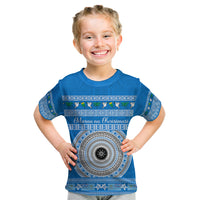 Personalised Fiji Marau Na Kerisimasi Kid T Shirt Merry Christmas Tapa Pattern Blue Style LT9 Red - Polynesian Pride
