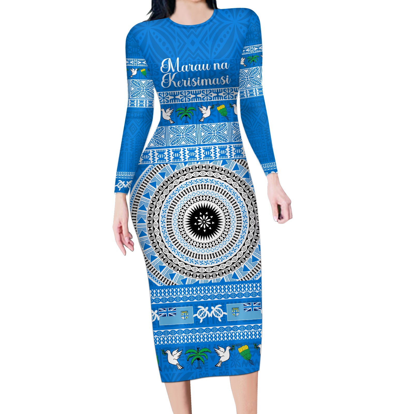 Personalised Fiji Marau Na Kerisimasi Long Sleeve Bodycon Dress Merry Christmas Tapa Pattern Blue Style LT9 Long Dress Red - Polynesian Pride