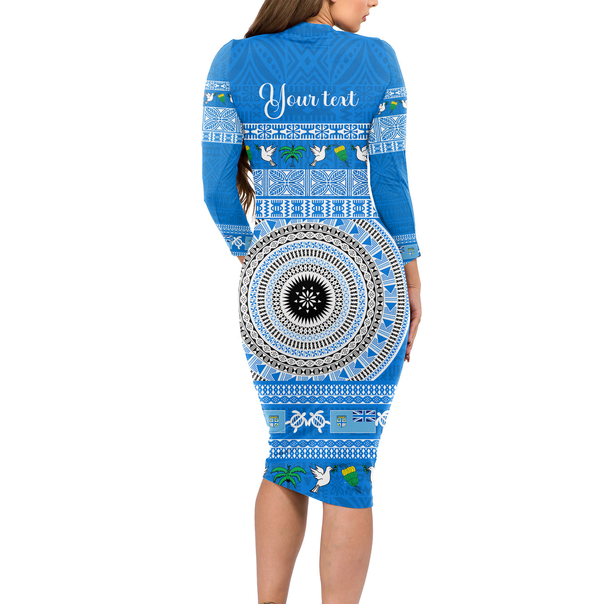 Personalised Fiji Marau Na Kerisimasi Long Sleeve Bodycon Dress Merry Christmas Tapa Pattern Blue Style LT9 - Polynesian Pride